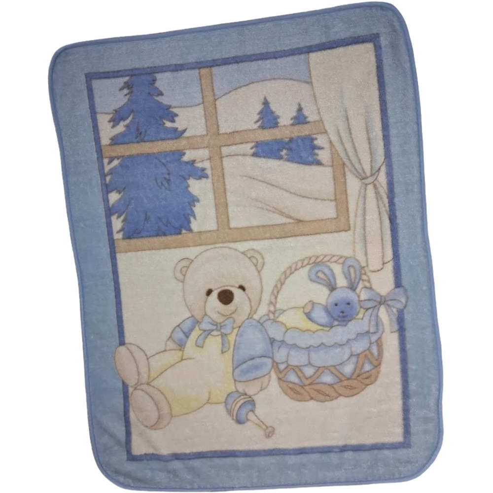 Blue Bear In Cabin Throw Blanket Fleece Teddy 40x55‎ Window Basket